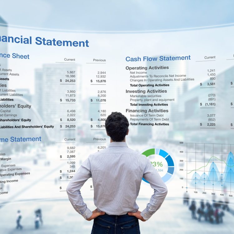 Consulting auditor analyzing Financial Report with Balance Sheet, Income Statement and Cash Flow information. Consultant auditing corporate finance and accounting. Business and operations management