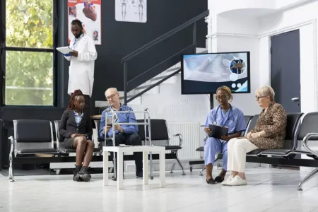 black-healthcare-provider-discussing-her-patients-hospital-lobby-consulting-sharing-advice-waiting-room-medical-390647141